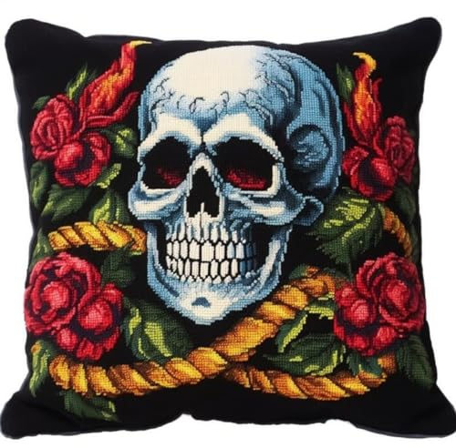Taxpy Diy Knüpfkissen Set Totenkopf Und Blumen Diy Kissenbezug Kit Für Kinder Erwachsene Kissenbezug Bastelsets Mit Bedruckter Leinwand 17X17In B