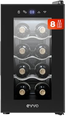EVVO Vinoteca 8 Botellas, Botellero Vertical, Display Temperatura Interior, Tecnología de Enfiramiento Termoeléctrico, Temperatura Ajustable 8-18ºC, Muy Silenciosa 35 dB, Pantalla Táctil Modelo: VT8