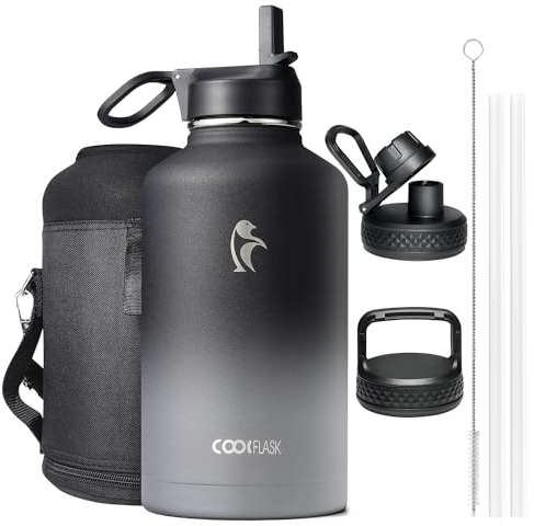Coolflask Borraccia termica da 2 l, con 3 coperchi con cannuccia, beccuccio e manico, borraccia sottovuoto in acciaio inox a tenuta stagna, per sport, viaggi, palestra, 48 ore fredde e calde per 24