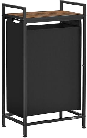 VASAGLE Laundry Basket, Laundry Hamper, Pull-Out and Removable Liner Bag, Shelf, Metal Frame, 47 L, 42 x 28 x 75 cm, Ink Black and Rustic Brown BLH001B01