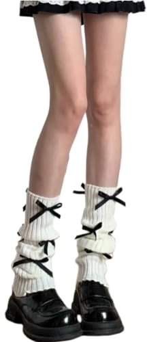 AKAMAS Damen Graue Weiße Beinstulpen,Japanische Y2k Ballett Lolita Winter Strickstulpen,Knit Beinwärmer mit Schleifen,Warme Kniewärmer,Lange Dehnbar Stulpen,Baumwolle Legwarmers für Frauen B
