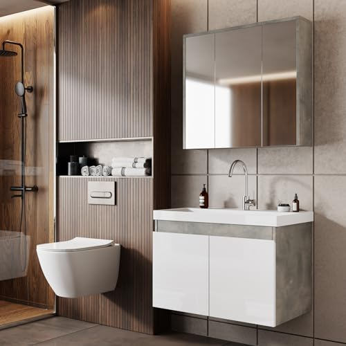 KAREN banyo Badmöbel Set Alfa 80 Weiß | Keramikwaschbecken | Unterschrank | Spiegelschrank | Softclose-Türen & unsichtbare Griffe | Badezimmer Möbelset Waschbeckenunterschrank Waschtisch