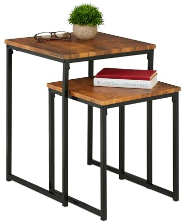 Relaxdays Mesas Auxiliares, Pack de 2, Mesitas de Salón, Diseño Nido, 2 Tamaños y Apilables, Metal, Marrón y Negro