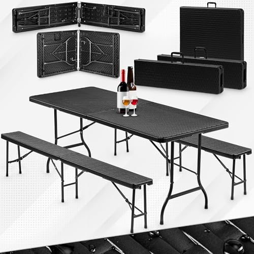 VESKA® Bierzeltgarnitur 3-teilig Set Tisch + 2x Bank, wetterfest für drinnen und draußen, klappbar mit Tragegriffen, Kunststoff, Gartengarnitur, Klapptisch, Gartentisch 180 cm Rattan-Optik (anthrazit)