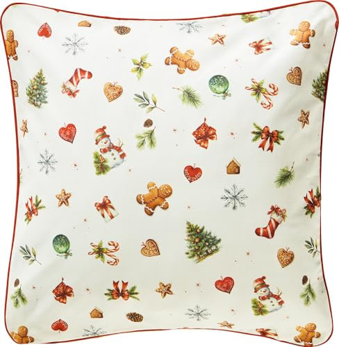 Erwin Müller Kissenhülle Noel Creme-bunt Größe 40x40 cm, Canvas-Gewebe, mit Paspel, Weihnachten, Schneemann, Plätzchen - robuste Qualität, strapazierstark