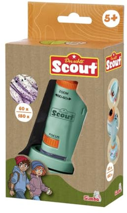 Simba 109452666 - Scout Kinder-Mikroskop ab 5 Jahre - kleines Taschenmikroskop (11 cm) mit 60-180-facher Vergrößerung, 7 Objektträgern & Licht, Forscher- und Entdecker-Spielzeug inkl. Batterien