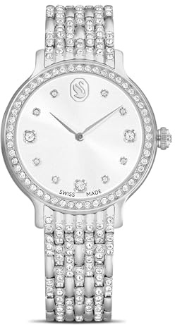 Swarovski Imber Uhr, Silberfarbene, Analoge Damenuhr mit Metallarmband aus Edelstahl und Klaren Kristallen im Rundschliff, Armbandlänge: 14.3-16.6 cm, Armbandbreite: 1.4 cm
