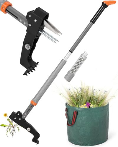 HAUSPROFI Extractor de malas hierbas con mango telescópico (longitud 91 cm – 117 cm) + bolsa de jardín de 50 l, desmalezadora con 4 garras de acero inoxidable, diseño de retorno automático