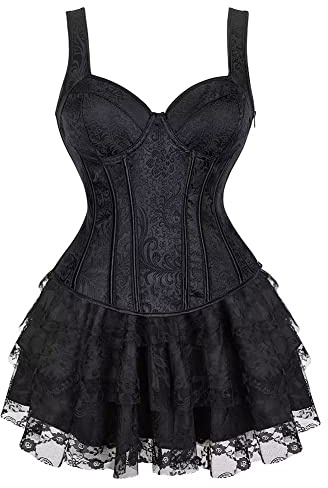 Josamogre Corset Bustier Femme Jupe Robe Set Sexy Bretelles Fermeture ?Clair Guêpière Lingerie Grande Taille Noir 7XL