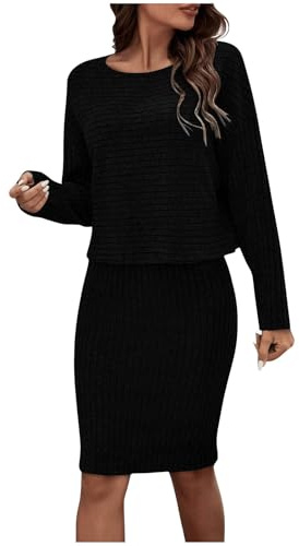Conjunto de falda y top de invierno de dos piezas para mujer, elegante falda de punto de otoño con suéter, conjunto de traje de ocio moderno, Negro, M