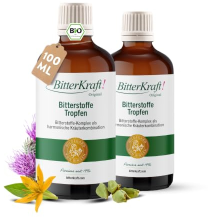 BitterKraft! Gocce di amare biologiche originali, 2 x 100 ml, secondo Hildegard von Bingen, 9 erbe amare selezionate, stimolano la digestione, gocce di bitto ad alto dosaggio, 100% naturale, vegano