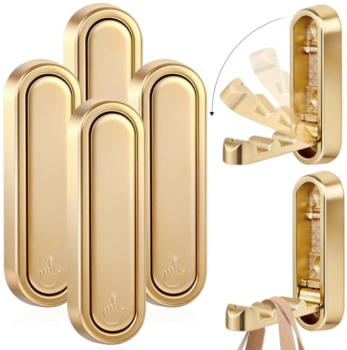4pcs Foldable Wall Hook for Hanging,Heavy Duty Coat Hooks of Zinc Alloy, Fold Down Wall Hook for Hanging Coat,Hat,Towel, Folding Coat Hooks for Bathroom, Bedroom, Doors with Mounting Screws（Gold）