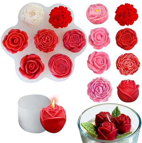 Silikonform blommor, 8 stycken ljusformar silikon rosor nejlika pion silikonformar gjutformar, 3D ros mini blomma ljus formar för tvål choklad aromaterapi gör-det-själv dekoration