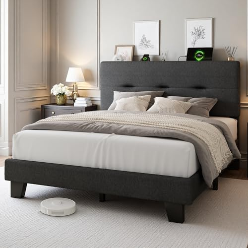 GalnFu Double Bed Frame with Storage Linen Headboard, Upholstered Platform Bed Frame Double beds with Charging Station, Sturdy Wooden Slat Support, No Box Spring Needed, Easy Assembly, Dark gray