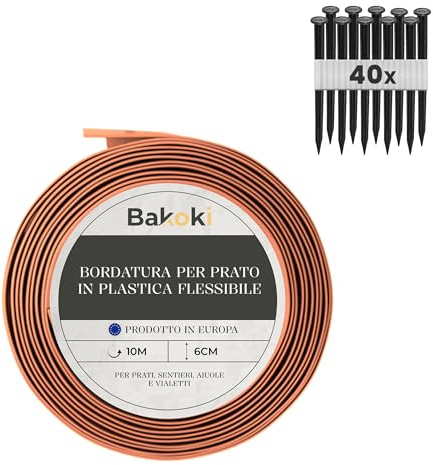 BAKOKI Borde Flexible para césped (10 m, 40 Anclajes de Tierra, 6 cm de Altura), Terracota, Color marrón Claro, plástico, Resistente a la Intemperie, Borde de césped, Borde Redondo para arriates
