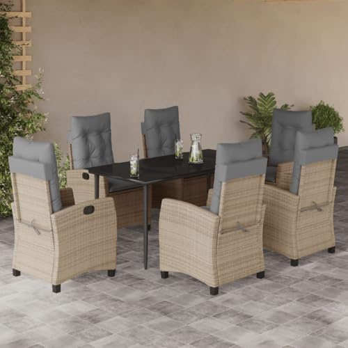 JHQHSM 7-TLG. Gruppo da giardino con cuscino misto polyrattan, seduta in rattan sintetico con schienale regolabile e piano in vetro, per terrazze, esterni, resistente alle intemperie