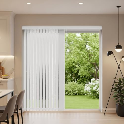 Vertical Blinds For Sliding Glass Doors - Size 78 W X 84 H - Color White - Durable Blackout PVC Vinyl Sliding Door Blinds -Upgraded Self Aligning Track for Full Privacy - Includes Valance & Hardware