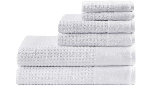 Madison Park Spa Waffle 100% Cotton Luxurious Towel Set, Premium Texture Waffle Weave, Highly Absorbent, Quick Dry, Hotel & Spa Quality Wash Clothes for Bathroom, Assorted Sizes, White 6 Piece