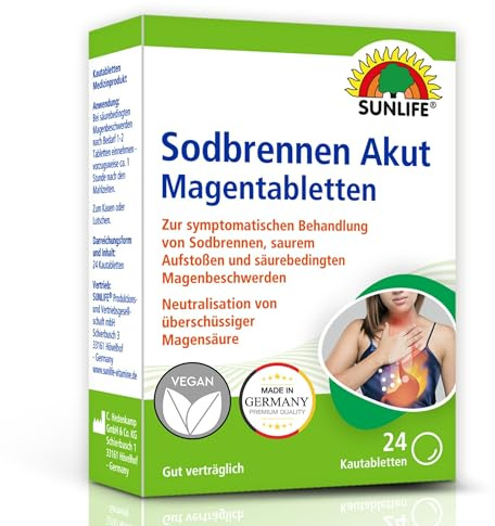 SUNLIFE Sodbrennen Akut Magentabletten I 1 x 24 Kautabletten I bei saurem Aufstoßen & säurebedingten Magenbeschwerden I neutralisiert überschüssige Magensäure I praktische Kautabletten