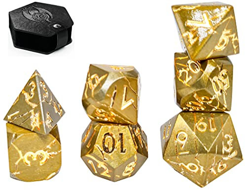 World of Dice Meteor-Serie - Pen and Paper Würfelset Metall, 7-teiliges Set, D4 bis D20, polyedrische Würfel, ideal für D&D, DSA, Cthulhu und mehr (mit Etui, Darkgold)