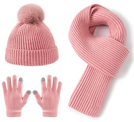 Lallier 3Pcs Cappello per Bambini Sciarpa e Guanti da Neve Set, Cappello Invernale Caldo Morbido Pom-Pom Beanie per Ragazzi Ragazze e Bambini Piccoli, Rosa
