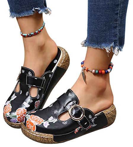 Onsoyours Sabots Femme Compensées Clogs Mules Plates Plateforme Sandales en Cuir Eté Pantoufles Chaussures Confort pour Pieds Larges A Noir 40 EU