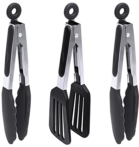 Goalfly Mini Kitchen Tongs, 7 Inch Silicone Tongs with Silicone Tips, 1pc Spatula Tong, 2pcs Basic Food Tongs, Cooking Tongs fo Frying (Set of 3)