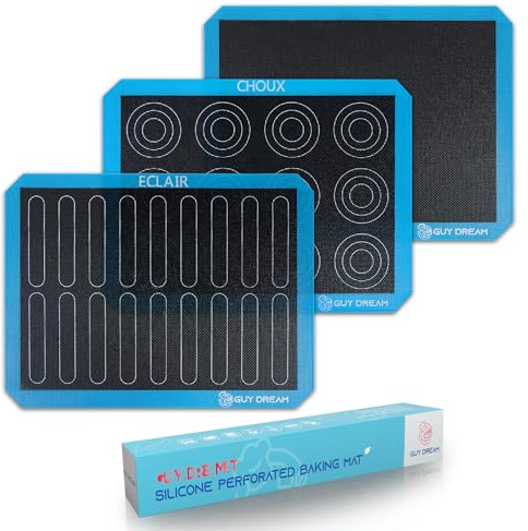 3PCs GUY DREAM Perforated Silicone Baking Mat 11-4/5 x 15-3/4 - 1 Choux Mat, 1 Eclair Mat and 1 Blank Mat for Baking - Steaming Mesh For Half Size Cooking Sheet - Non-Stick Reusable Oven Liner