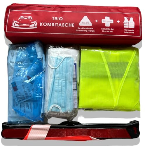 VZL KFZ Auto Zubehör Kombitasche Verbandskasten Auto 2025 tüv geprüft, inklusive Warndreieck und Warnwesten Auto - kfz Verbandskasten inklusive Erste Hilfe Set Auto 2025 (rot)