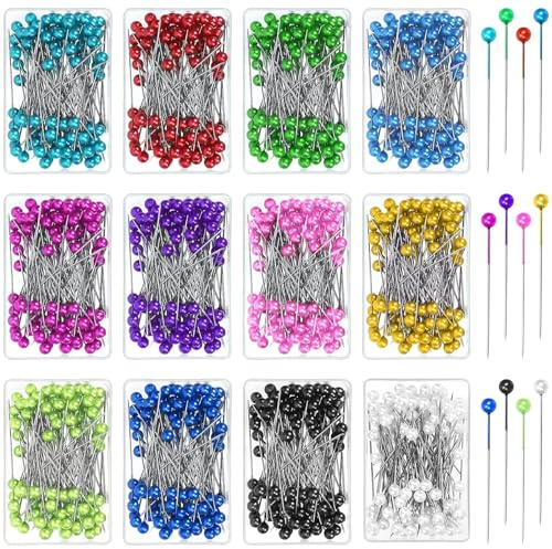 ElevaPulse 1200 Bunte Stecknadeln mit Kopf Groß – Edelstahl Stecknadeln für Nähen, Hijab Pins, Bastelprojekte – 12 Farben, 100 pro Box