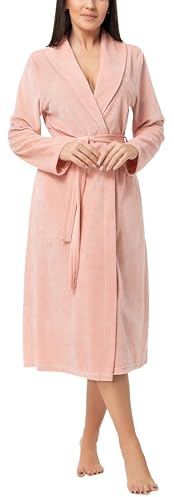 Aquarti Damen Velours Bademantel Nicki Morgenmantel mit Schalkragen zum Binden, Farbe: Aprikose, Größe: XL