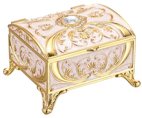 IGNPION Decorative Trinket Box Vintage Jewelry Box Small Treasure Chest Shape Jewellery Box for Daily Use, Trinket Storage Organizer Case for Rings Earrings Necklace, Beige