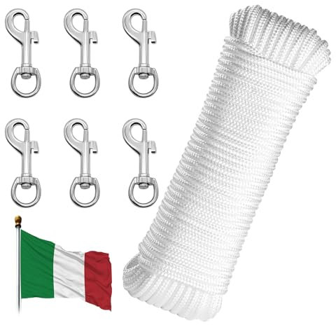 eupdd 20M Fahnenmast Seil: Fahnenmast Zubehör Seil mit 6 Fahnenmastclip, Nylon Flaggenseil für Haus Außenbereich, Fahnenseil für Fahnenmast, Flaggenseil für den Outdoor, hochwertiges Fahnenseil