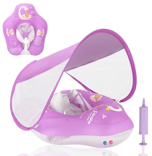 LOOWARTS Flotador Bebe con Sombrilla, Flotador Inflable Natación Bebés con Asiento de Seguridad, Boias para Bebe con Protección UV UPF50+ para Niños Pequeños de 3 a 12 Meses