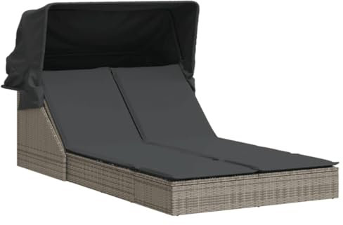 Emmtore Sonnenliege, Doppelliege mit Dach Auflagen, Gartenliege Verstellbare Rückenlehne, Relaxliege Liege Gartenmöbel,Poly Rattan Sonnenliege,Grau