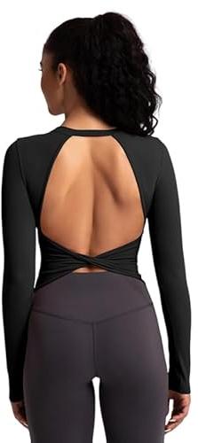 T-shirt de sport pour femmes à manches longues sans dos : haut twist avec dos nu et coupes fixes - Débardeur sexy pour l'été pour yoga, fitness, gym, Noir , XL