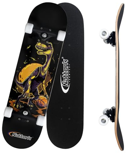 Nattork 31 Inch Complete Skateboard, Standard Skateboards Gift for Beginners, Wood 9 Layer Canadian Maple Trick Skate Boards for Boys Girls Youth Teens Dinosaur