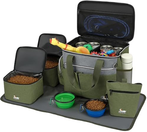 TAIHOYIN Borsa da viaggio per cani Kit completo di accessori (7 pezzi) con sacchetti per alimenti, ciotole pieghevoli, tappetino e pochette Perfetto per viaggi e gite Verde