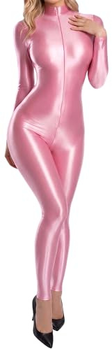 FEOYA Dam olja glänsande bodysuit onepiece jumpsuit wetlook catsuit dragkedja sportbody polotröja helkroppsdräkt body yoga långärmad jumpsuit M L, ROSA, L