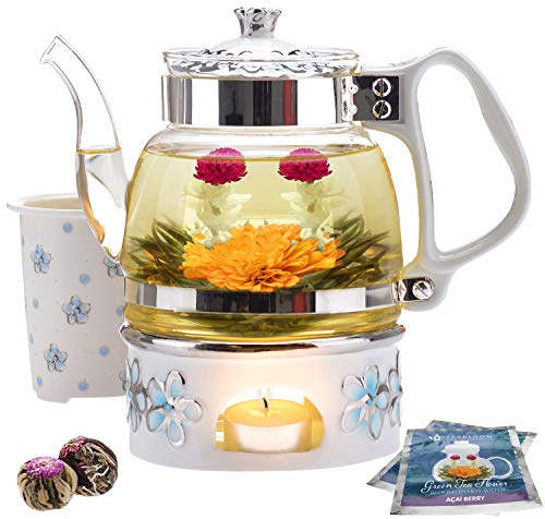Teabloom Princess of Monaco Gift Set - Borosilicate Glass Teapot (34oz/1000ml) with Porcelain Lid, Warmer, Infuser & 2 Berry Flowering Teas