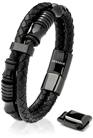 SERASAR Premium Lederarmband für Männer in Schwarz | Magnetverschluss aus Edelstahl in Schwarz, Silber & Gold | Inklusive Schmuckschachtel | Tolle Geschenkidee