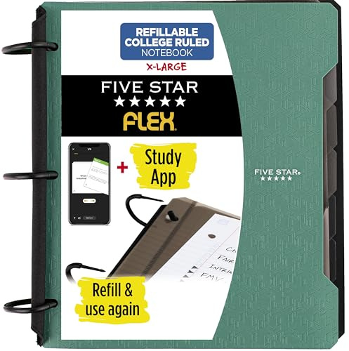 Five Star Flex Refillable Notebook + Study App, College Ruled Paper and 1-1/2 Inch TechLock Ring Binder with Pockets, Tabs and Dividers, 300 Sheet Capacity, Seaglass Green (29324AQ8)