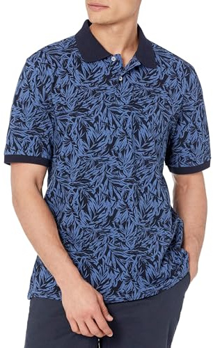 Amazon Essentials Men's Regular-Fit Short-Sleeve Cotton Piqué Polo Shirt (Available in Big and Tall), Indigo Palm Leaf Print, L
