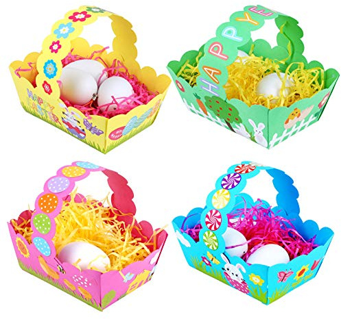HOWAF Bricolaje Canasta de Pascua para Niños Manualidades, 12pcs Cesta de Tarjetas de Pascua con Pegatinas para Huevo de Pascua Caramelo Regalo Juguetes, Pascua Juego de Caza Actividad