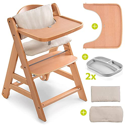hauck Hochstuhl Alpha Move für Kinder ab 6 Monaten - inkl. Essbrett, Sitzauflage (Beige), 5-Punkt-Gurt und Essteller - Babystuhl mit Rollen aus Holz (FSC® zertifiziert) - mitwachsend & verstellbar