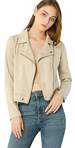 Allegra K Women's Short Jacket Soft Moto Zip Up Pockets Faux Suede Biker Jackets Beige M