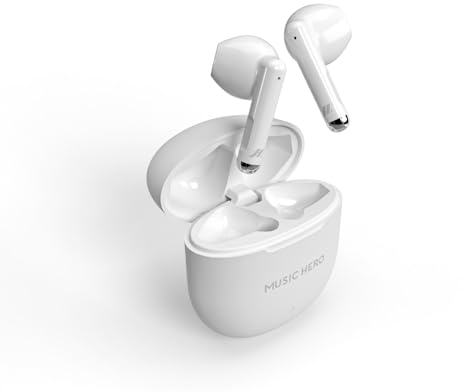 Music Hero Auricolari twin NUBOX True Wireless Stereo per cellulari, tablet, laptop Lenovo, HP, MacBook, 2.5 ore di musica e chiamate, basetta 300 mAh, auto ON/OFF, assistente vocale