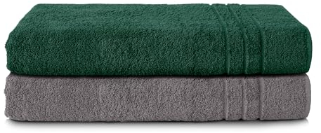 Komfortec 2er Saunatuch Set 70x200 cm aus 100% Baumwolle, XXL-Saunatücher, Sauna Handtuch, Weich, Groß, Frottee, Schnelltrocknend, Anthrazit Grau/Dunkelgrün