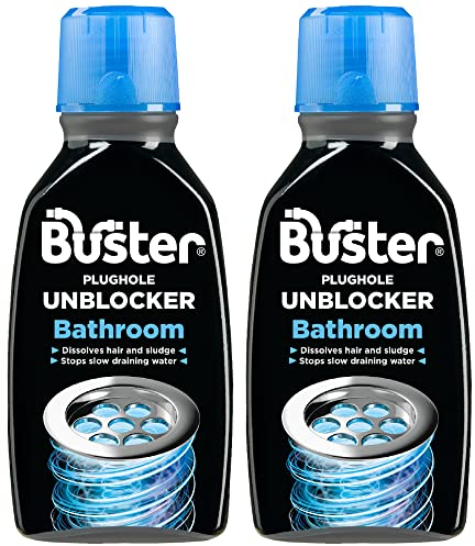 Buster Bathroom Drain Unblocker 300ml, Pack of 2 – Sink Unblocker Removes Hair & Sludge in Showers, Baths & Sinks. Fast-Acting Shower Drain Unblocker Clears Blockages & Slow-Draining Water