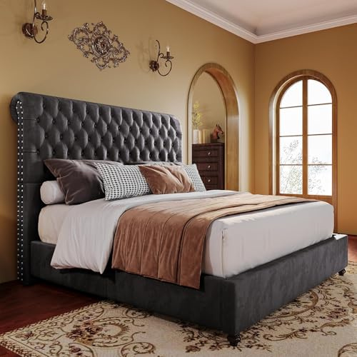 PaPaJet King Bed Frame Upholstered Platform Bed Frame with 53'' Tall Sleigh Headboard, Button Tufted, No Box Spring Needed, Easy Assembly, Gray